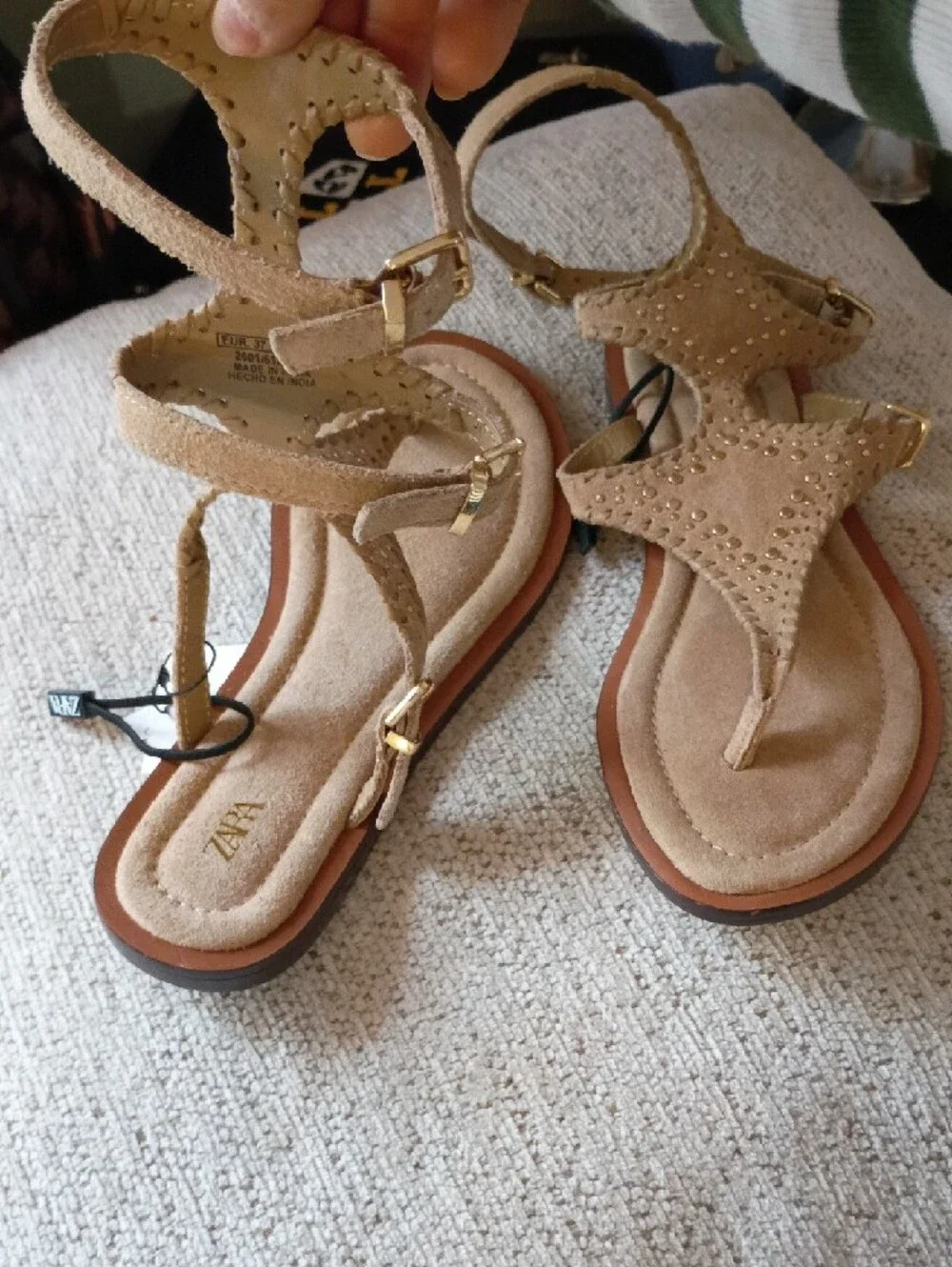 Zara Beige Suede Studded T-Strap Sandals - Picture 2 of 3
